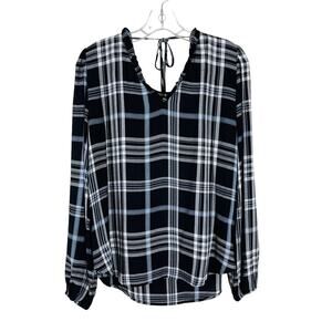 Loft black white blue plaid ruffle lightweight popover top small